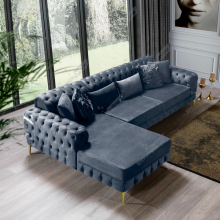 (Steel Velvet, Left Hand side) Luxury Chesterfeild Plush Velvet L Shaped Corner Sofa Deep Button Tufted Design Metal Legs Chaise Lounge