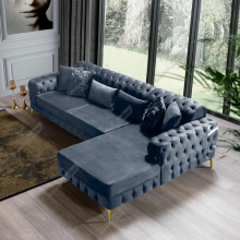 (Steel Velvet, Right Hand side) Luxury Chesterfeild Plush Velvet L Shaped Corner Sofa Deep Button Tufted Design Metal Legs Chaise Lounge