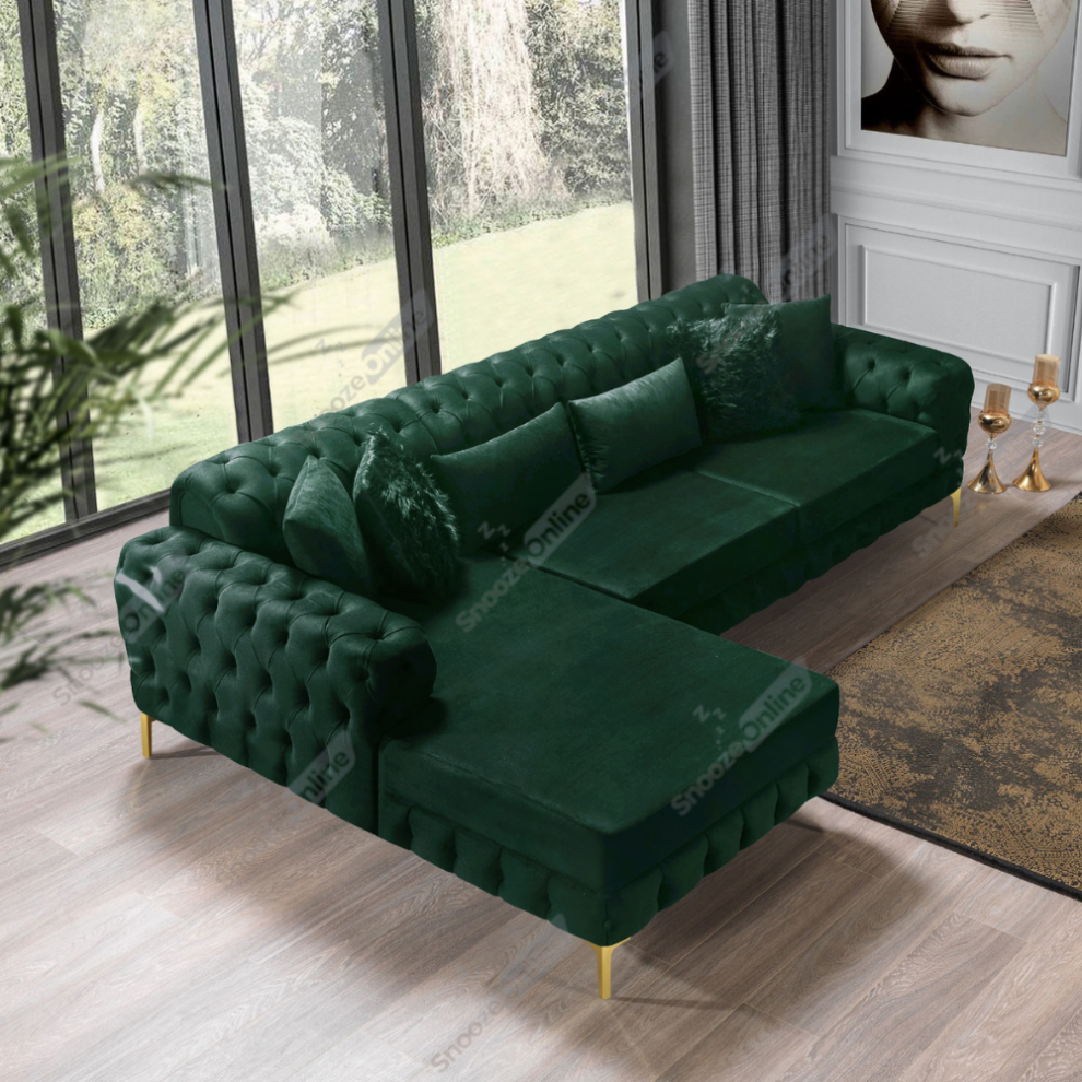 (Green Velvet, 5 Seater (Left Hand side)) Luxury Chesterfeild 5 Seater Plush Velvet L Shaped Corner Sofa Deep Button Tufted Design with Elegant Gold Metal Legs Chaise Lounge Couch
