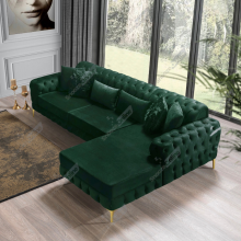 (Green Velvet, Right Hand side) Luxury Chesterfeild Plush Velvet L Shaped Corner Sofa Deep Button Tufted Design Metal Legs Chaise Lounge