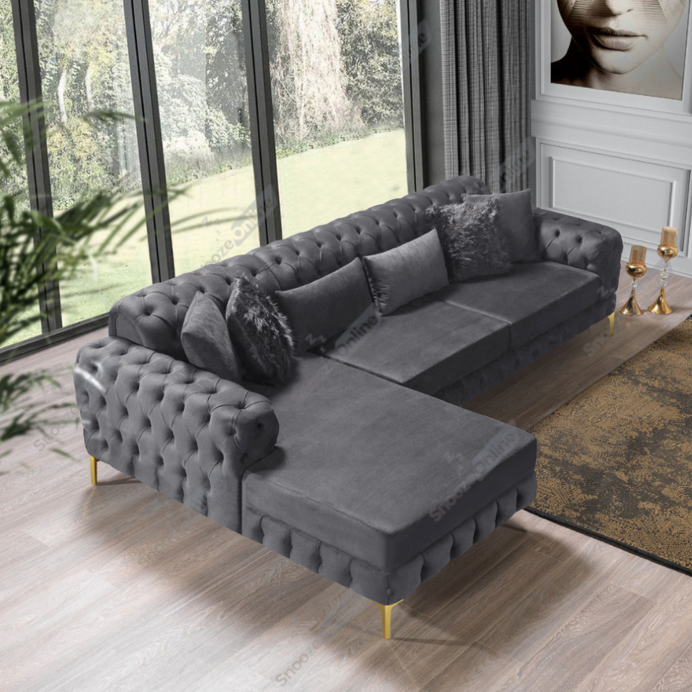 (Grey Velvet, 5 Seater (Left Hand side)) Luxury Chesterfeild 5 Seater Plush Velvet L Shaped Corner Sofa Deep Button Tufted Design with Elegant Gold Metal Legs Chaise Lounge Couch