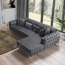 (Grey Velvet, Right Hand side) Luxury Chesterfeild Plush Velvet L Shaped Corner Sofa Deep Button Tufted Design Metal Legs Chaise Lounge