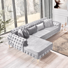 (Silver Velvet, Left Hand side) Luxury Chesterfeild Plush Velvet L Shaped Corner Sofa Deep Button Tufted Design Metal Legs Chaise Lounge