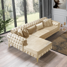(Cream Velvet, Left Hand side) Luxury Chesterfeild Plush Velvet L Shaped Corner Sofa Deep Button Tufted Design Metal Legs Chaise Lounge