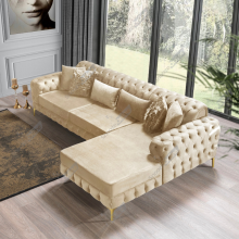 (Cream Velvet, Right Hand side) Luxury Chesterfeild Plush Velvet L Shaped Corner Sofa Deep Button Tufted Design Metal Legs Chaise Lounge