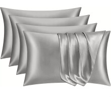 (Pack of 4, Silver Silk ) Pack of 2,4,6 Plain Stripe & Satin Silk Pillowcases Luxury Soft Hotel Quality Anti Allergic Pillow Covers