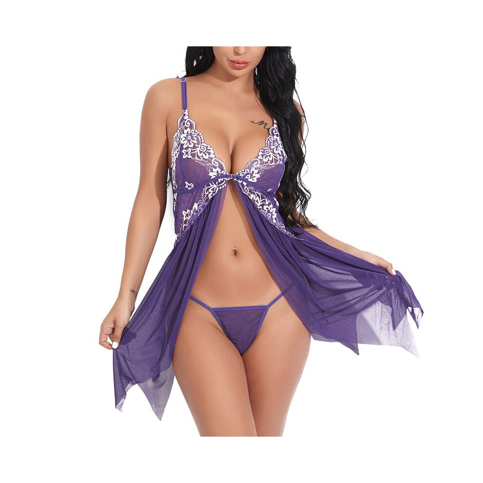 (Purple,3XL)Pyjama pyjama femme grande taille sexy dentelle lingerie nuisette cami pyjama