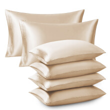 (Pack of 6, Beige Silk) Pack of 2,4,6 Plain Stripe & Satin Silk Pillowcases Luxury Soft Hotel Quality Anti Allergic Pillow Covers