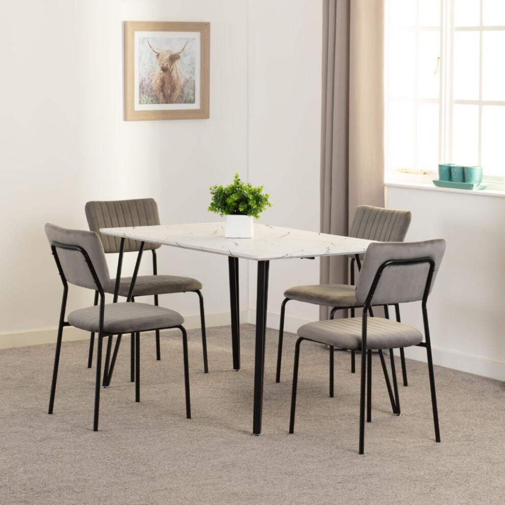 Sheldon White Marble Effect Dining Set Table 4 Grey Velvet Chairs