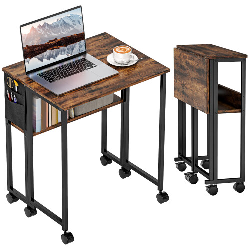 Homcom (Brown) HOMCOM 63 cm Foldable Computer Desk on Wheels for Small Spaces 1
