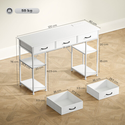 Homcom (White) HOMCOM Computer Writing Desk with Power Outlets, Drawers, Shelves 2
