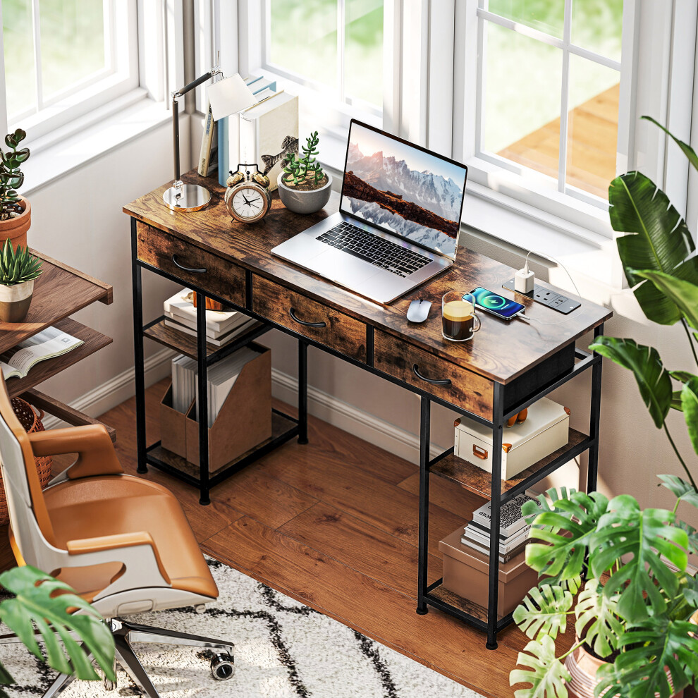 Homcom (Brown) Computer Writing Desk With Power Outlets, Drawers, Shelves Brown