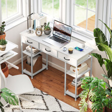 (White) HOMCOM Computer Writing Desk with Power Outlets, Drawers, Shelves
