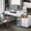 Homcom (White) HOMCOM Computer Writing Desk with Power Outlets, Drawers, Shelves 8