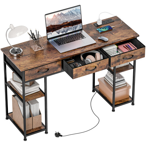Homcom (Brown) HOMCOM Computer Writing Desk with Power Outlets, Drawers, Shelves 1