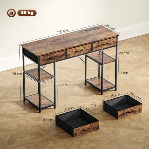 Homcom (Brown) HOMCOM Computer Writing Desk with Power Outlets, Drawers, Shelves 2