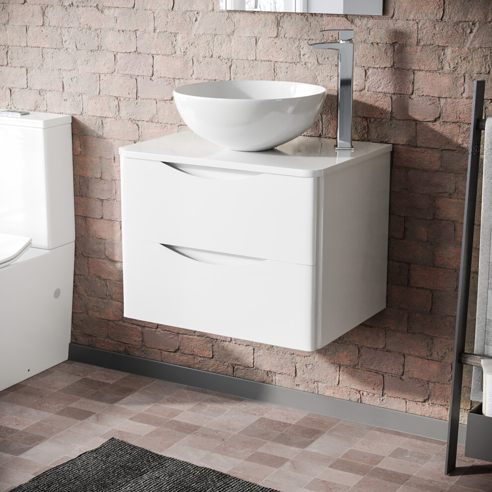 Nes Home Merton White 600Mm Bathroom Wall Hung Vanity With Round Ceramic Countertop Basin