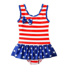 (As show, One size) America Flag Swimsuit Flouncing Lace Swimwear Baby Girl One-piece Swimsuit (6T, 6-8 Years Old)