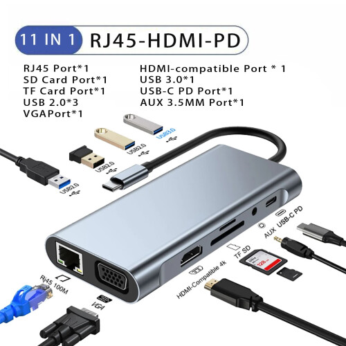 (11-ΣΕ-1 LAN)USB C HUB Τύπος C Splitter σε HDMI 4K thunderbolt 3 Docking Station Προσαρμογέας