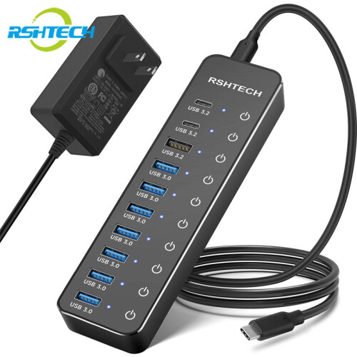 (Προσαρμογέας ΕΕ) Διανομέας USB 10 θυρών USB C Hubs 60W με 10 Gbps Θύρες 1