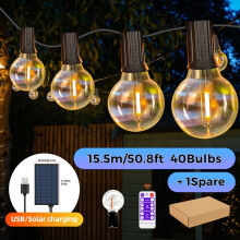 (15,5 m, 40 żarówek) Lampki solarne na zewnątrz, G40, oświetlenie tarasowe, ładowarka USB, 8 trybów