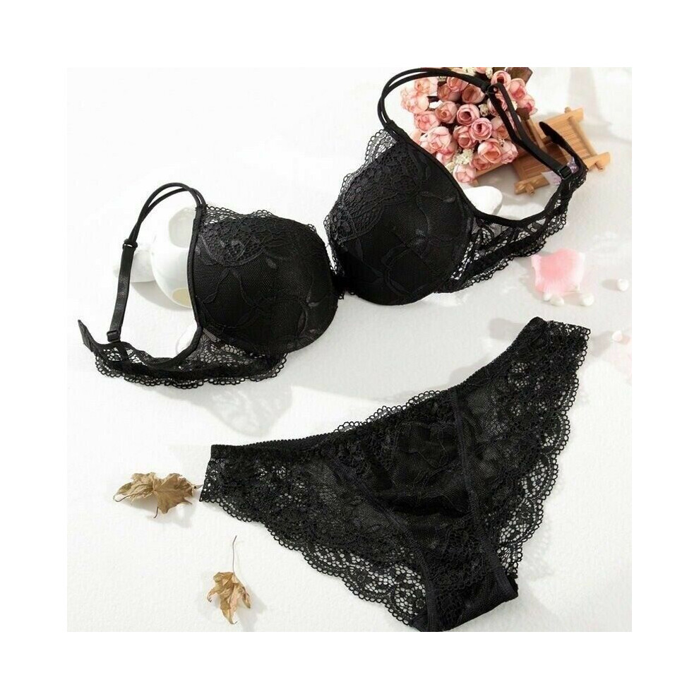 (Black,34/75AB)Ensemble culotte soutien gorge plongeant 2 pièces sous-vêtements sexy dentelle fleur extrême push-up