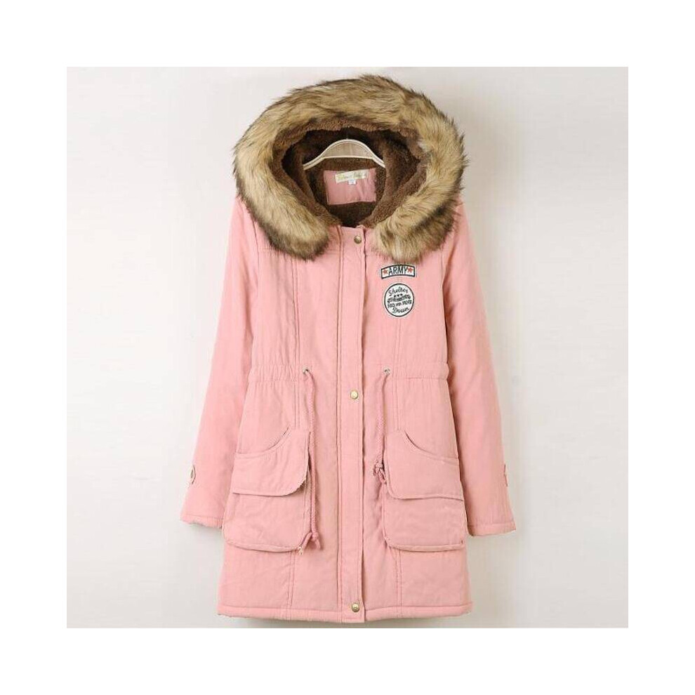(Light Pink,2XL)Manteau long chaud femme col fourrure veste à capuche mode slim hiver cadeau parka