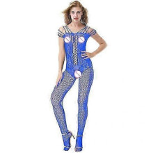 (blue)Women Sexy Bodystocking Pantyhose Sexy Fun Clothing Hollow Out Solid Color Open Crotch Sleepwear
