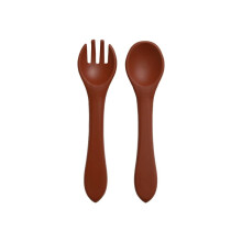 (Chocolat) Ensemble de 2 cuillères et fourchettes d'apprentissage en silicone souple pour bébé, sans