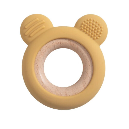 (Bear mustard yellow) 1 ΤΕΜ. Ξύλινο δαχτυλίδι δοντιών από σιλικόνη μωρού