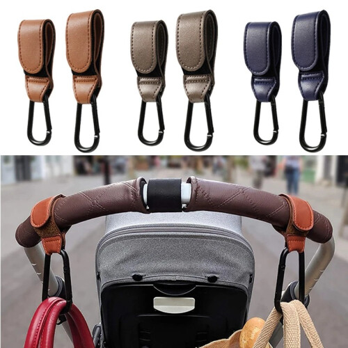 (A-2PCS καφέ)Γάντζος καροτσιού μωρού Fashion PU Δερμάτινο ρυθμιζόμενο 2