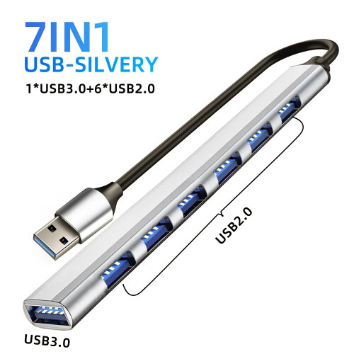 (7Port USB Silver)USB HUB USB 3.0 HUB USB 2.0 HUB USB C HUB Type C HUB Multi Splitter High Speed 5Gbps