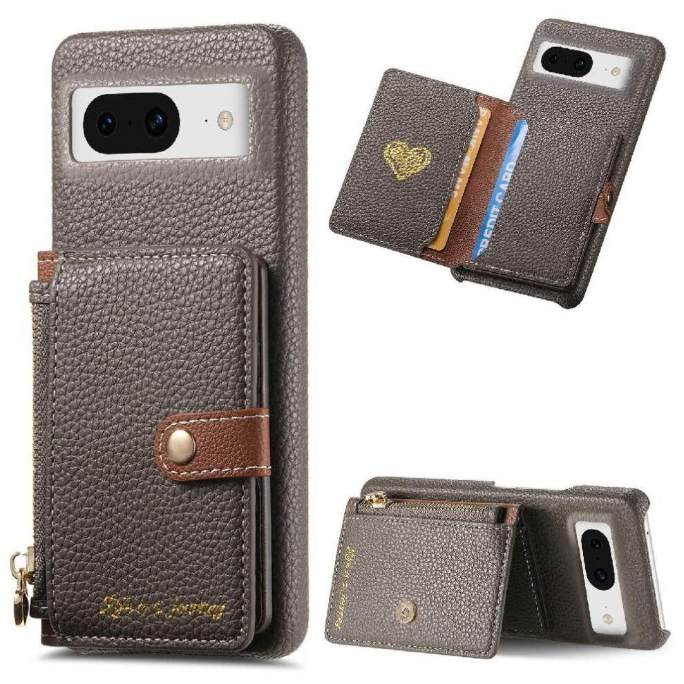 ( ) Case For Google Pixel 8 Wallet Wallet Zipper Stand Shockproof Gray 764544236584