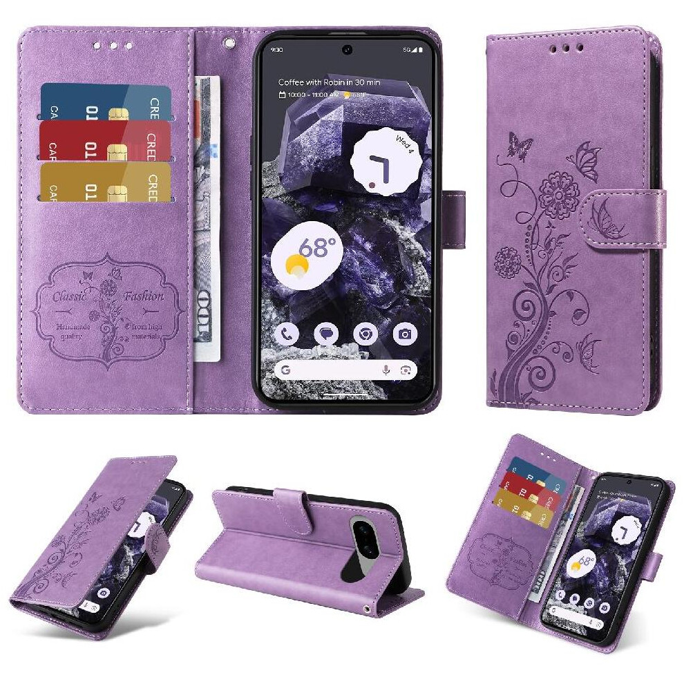 (Purple) Flip Case For Google Pixel 8 Flip Leather Cardslots Flower Purple 764544237673
