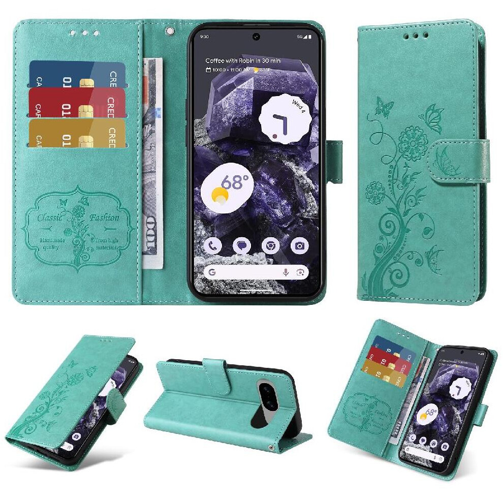 (Green) Flip Case For Google Pixel 8 Flip Leather Cardslots Flower Green 764544237680