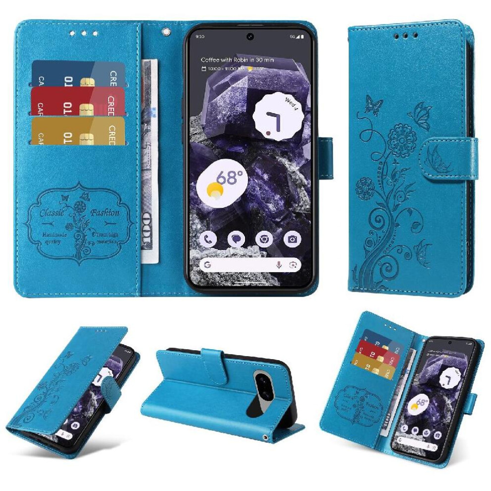 (Blue) Flip Case For Google Pixel 8 Flip Leather Cardslots Flower Blue 764544237697
