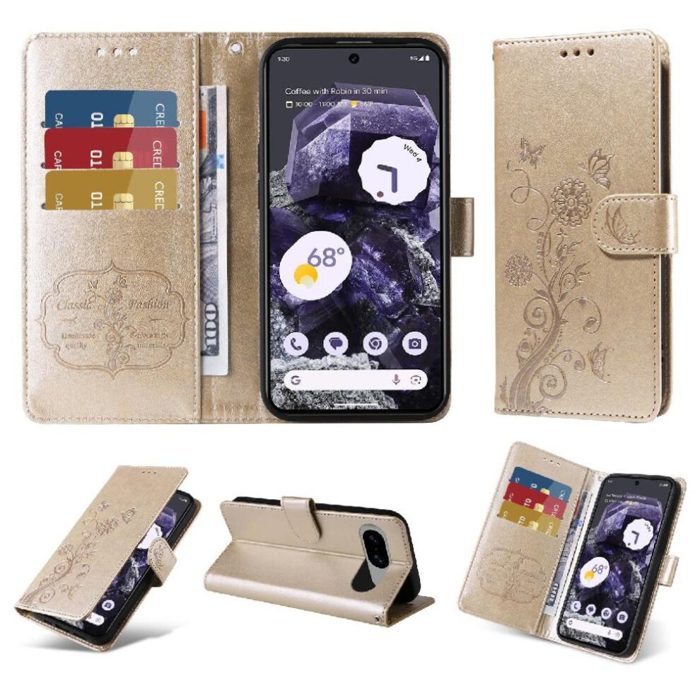 (Gold) Flip Case For Google Pixel 8 Flip Leather Cardslots Flower Gold 764544237703