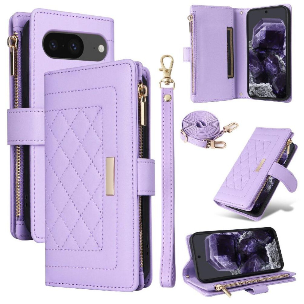(Purple) Flip Case For Google Pixel 8 Wallet Card Slots Shockproof Strap Purple 764544237789