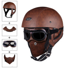 (L-bruin leer 3) Half Face Vintage Motorhelm Retro Duitse Kask, Cafe Racer, Scooter, Cruiser, Chopper,