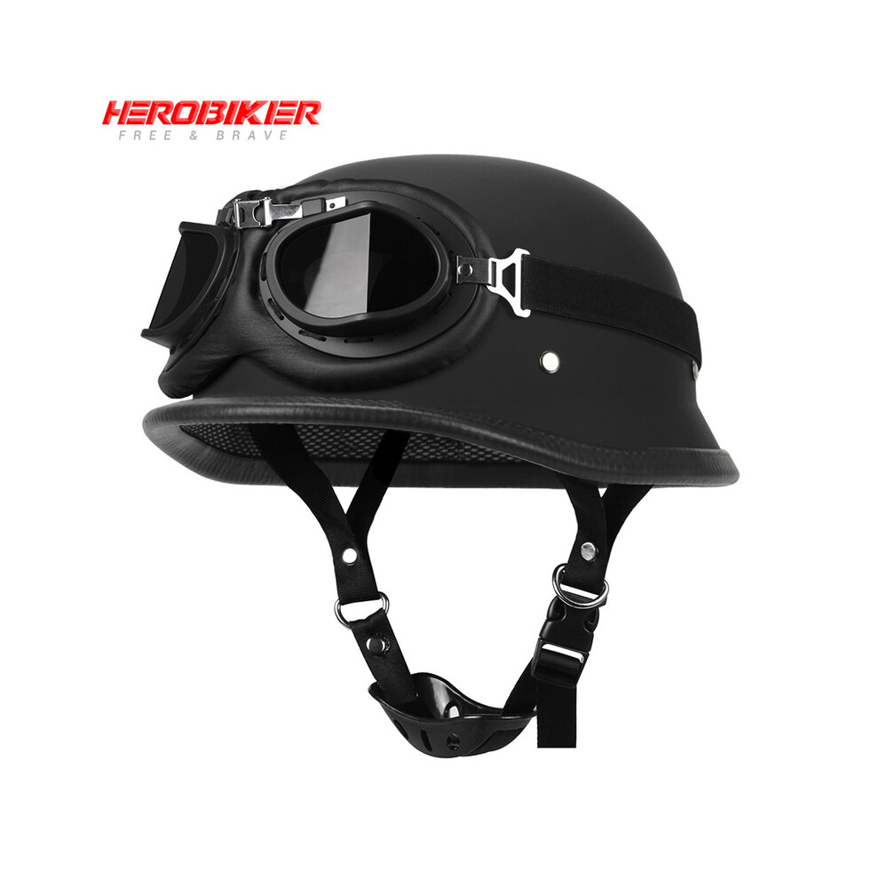 (L-Matte-black-glass-02) Casque de moto vintage de style allemand, casque de pilote de moto, casque