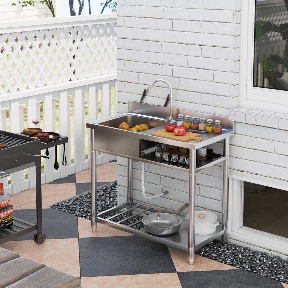 Homcom Unisex Silver Outdoor Stainless Steel Sink Single Bowl With Cold & Hot Water Pipe & Storage Shelf In - Image 5