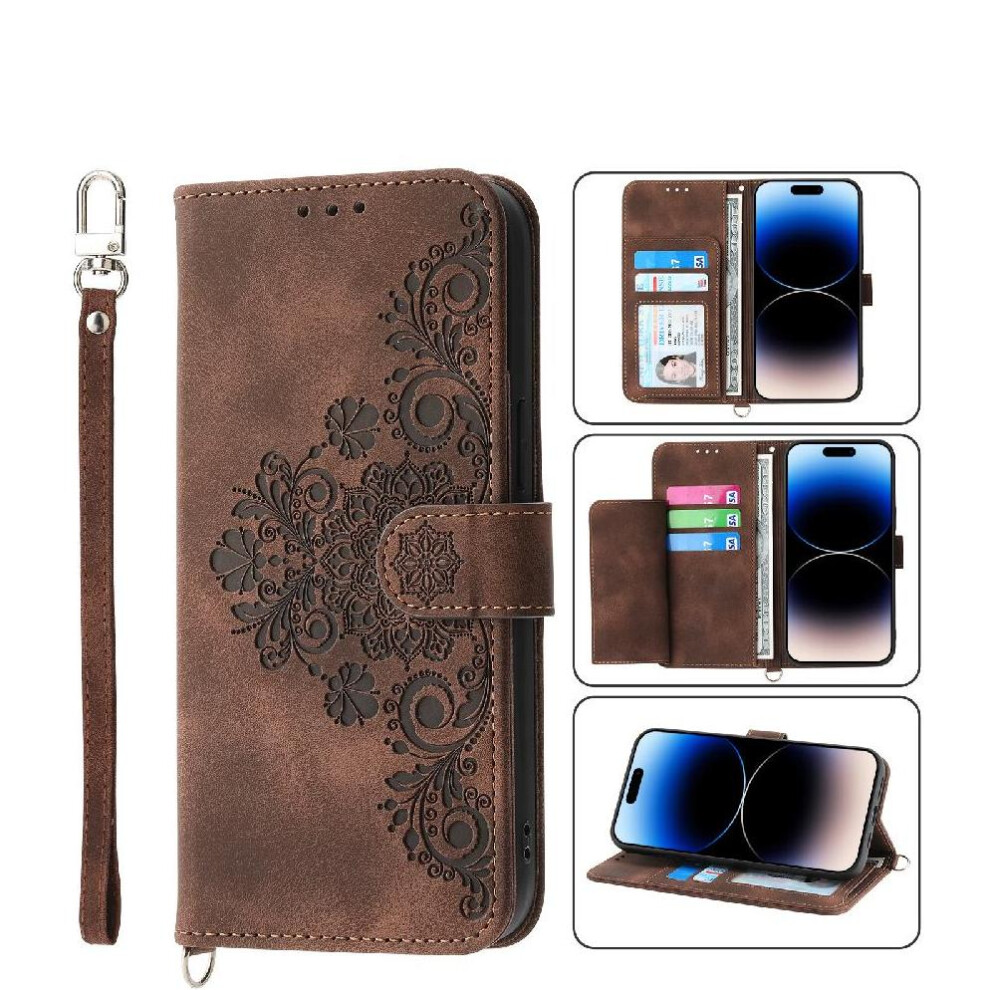 (Brown) Flip Case For Google Pixel 8 Wristband Shockproof Embossed Multiple Credit Card Slots Brown 764544241939