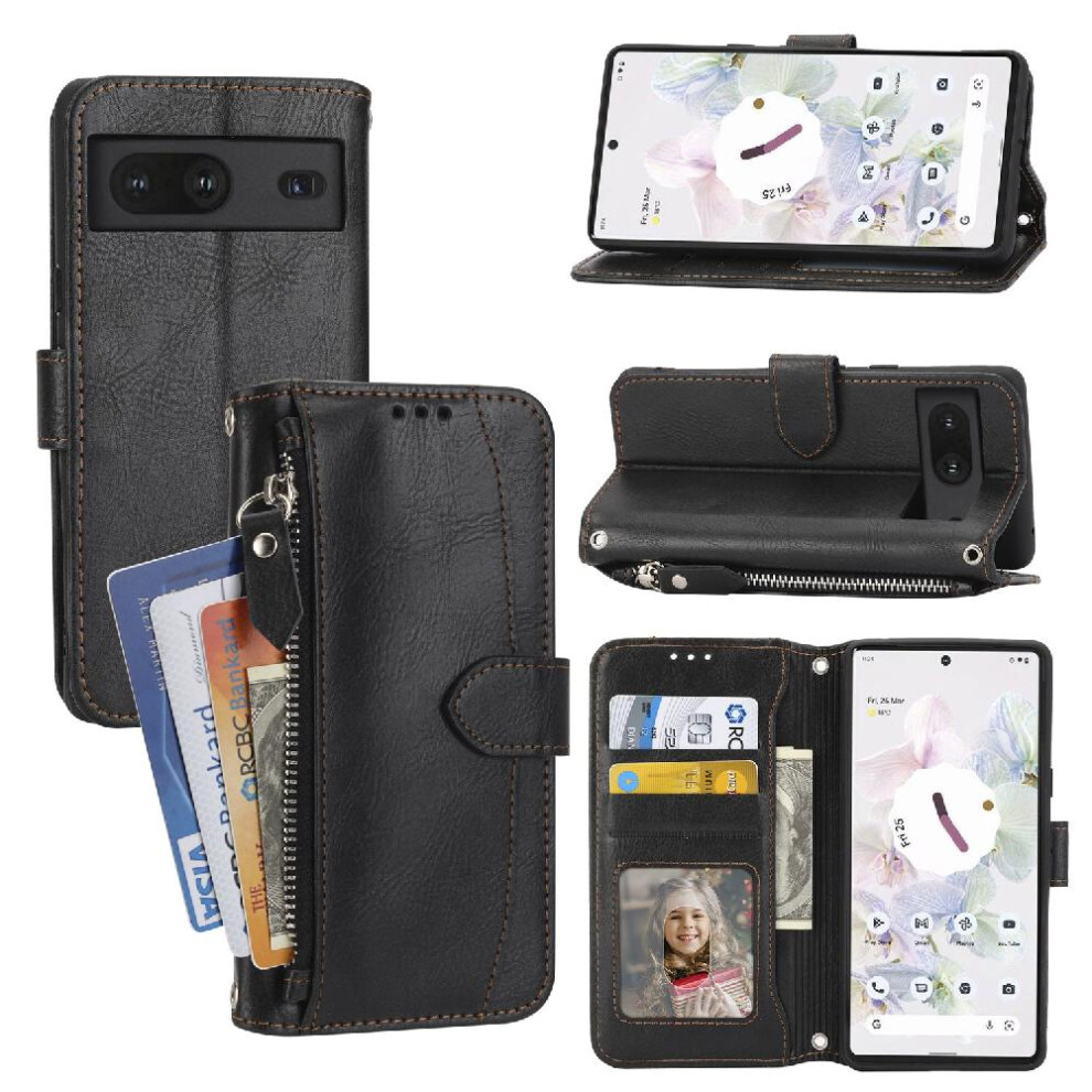 (Black) Flip Case For Google Pixel 8 Kickstand Anti Scratch Card Holder Magnetic Closure Pu Leather Black 764544242431