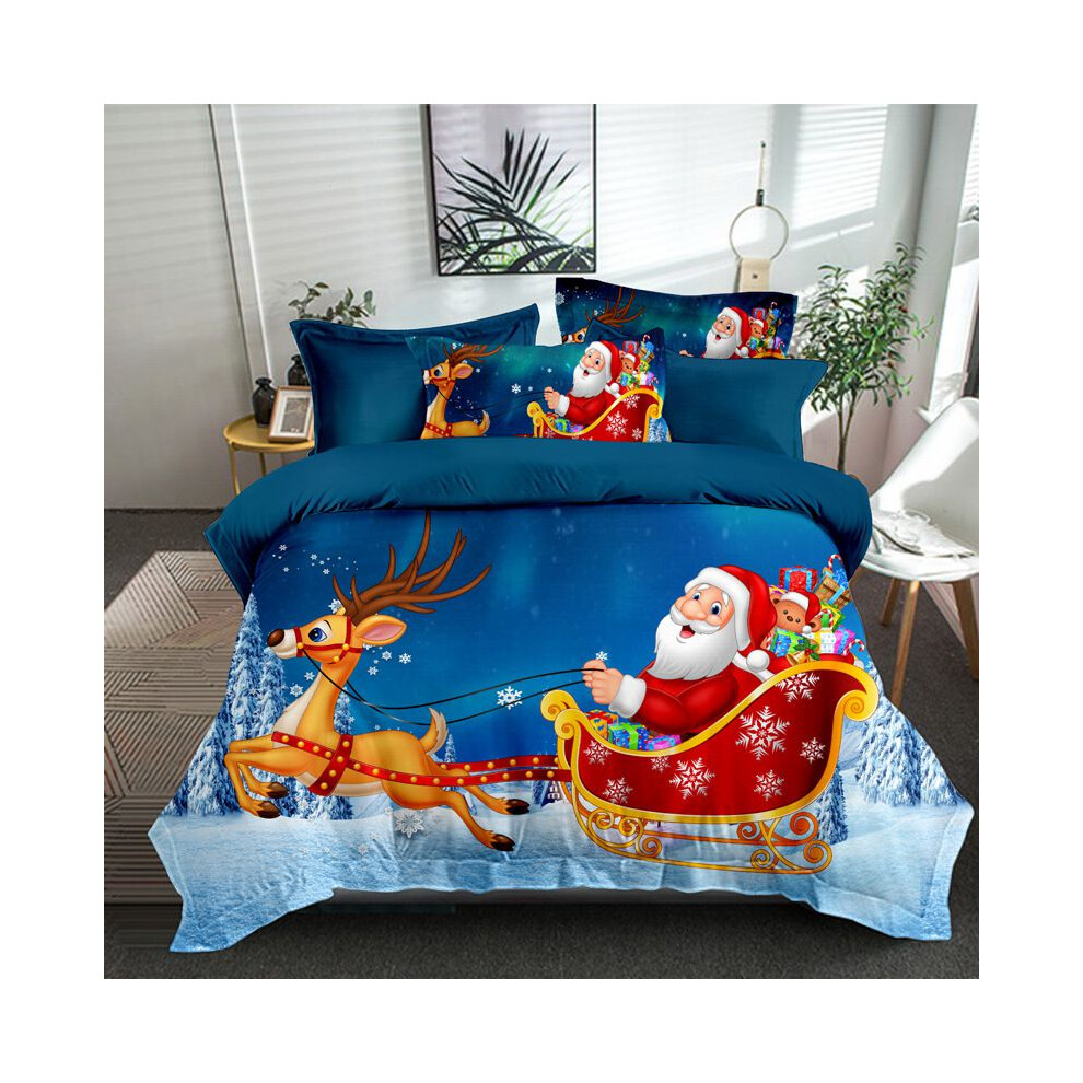 (Blue,EU-Double(3pcs)-200x200cm)Ensemble taie d'oreiller housse de couette de dessin animé imprimé Père Noël Noël