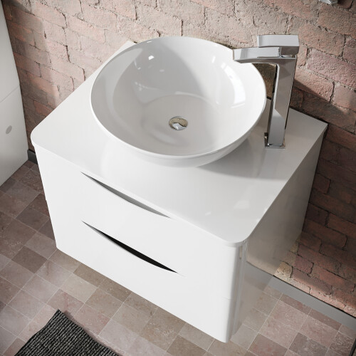 NES Home Merton White 600mm Bathroom Wall Hung Vanity Unit With Round Ceramic Countertop 1