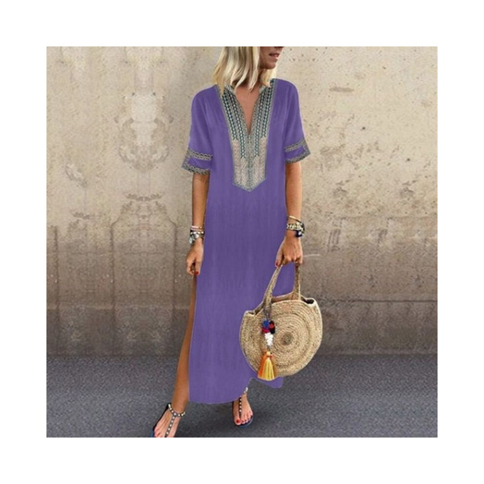 (Purple,3XL)Robe longue maxi tunique fendue été vacances plage grande taille femme col V