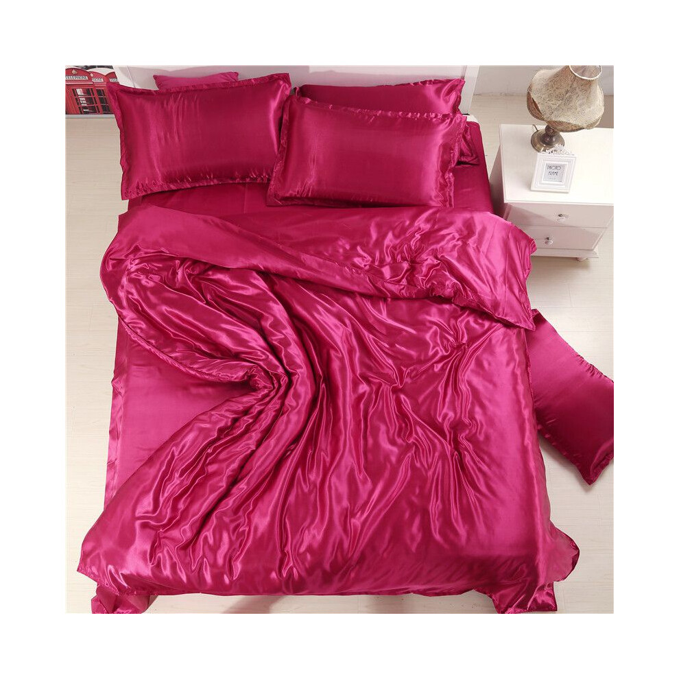 (Wine Red,Queen)Ensemble de literie 4 pièces drap housse confortable en soie satinée drap plat taie oreiller