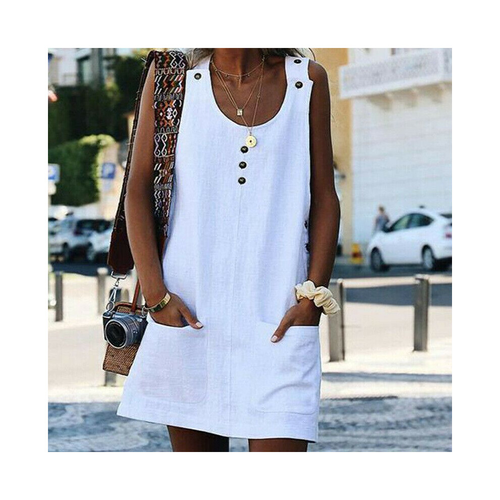(White,M)Robe femme robes boho chemisier chemise sans manches poche femme plage été