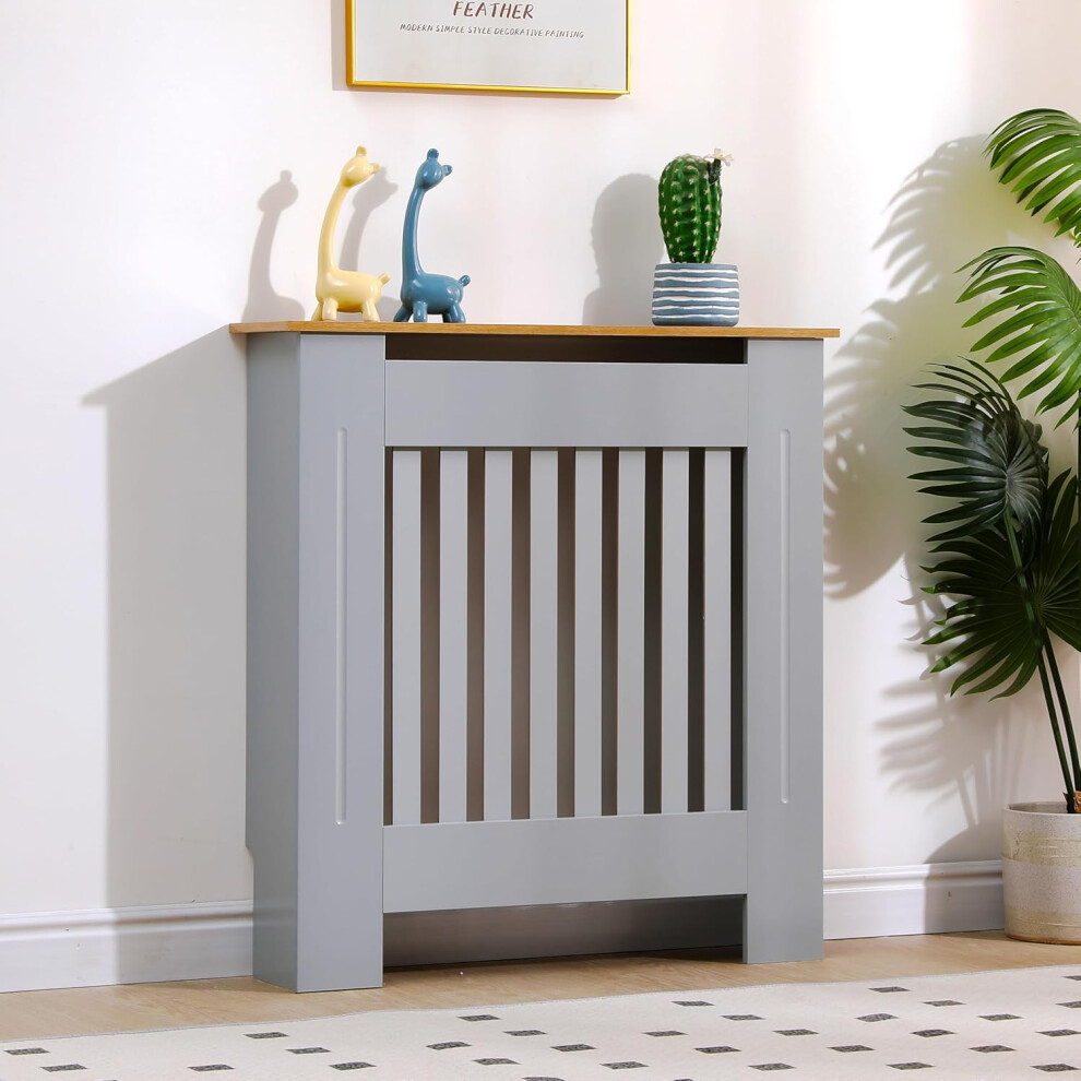 (Small) Radiator Cover Grey Modern Horizontal Slats Decorative Heater Shelf Cabinet MDF