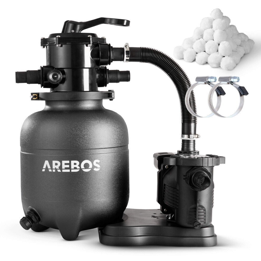 AREBOS sand filter system with pump | incl. 600g filter balls | 350W | 10000 L/h | 7-way valve with handle | with pressure gauge | pool filter | black